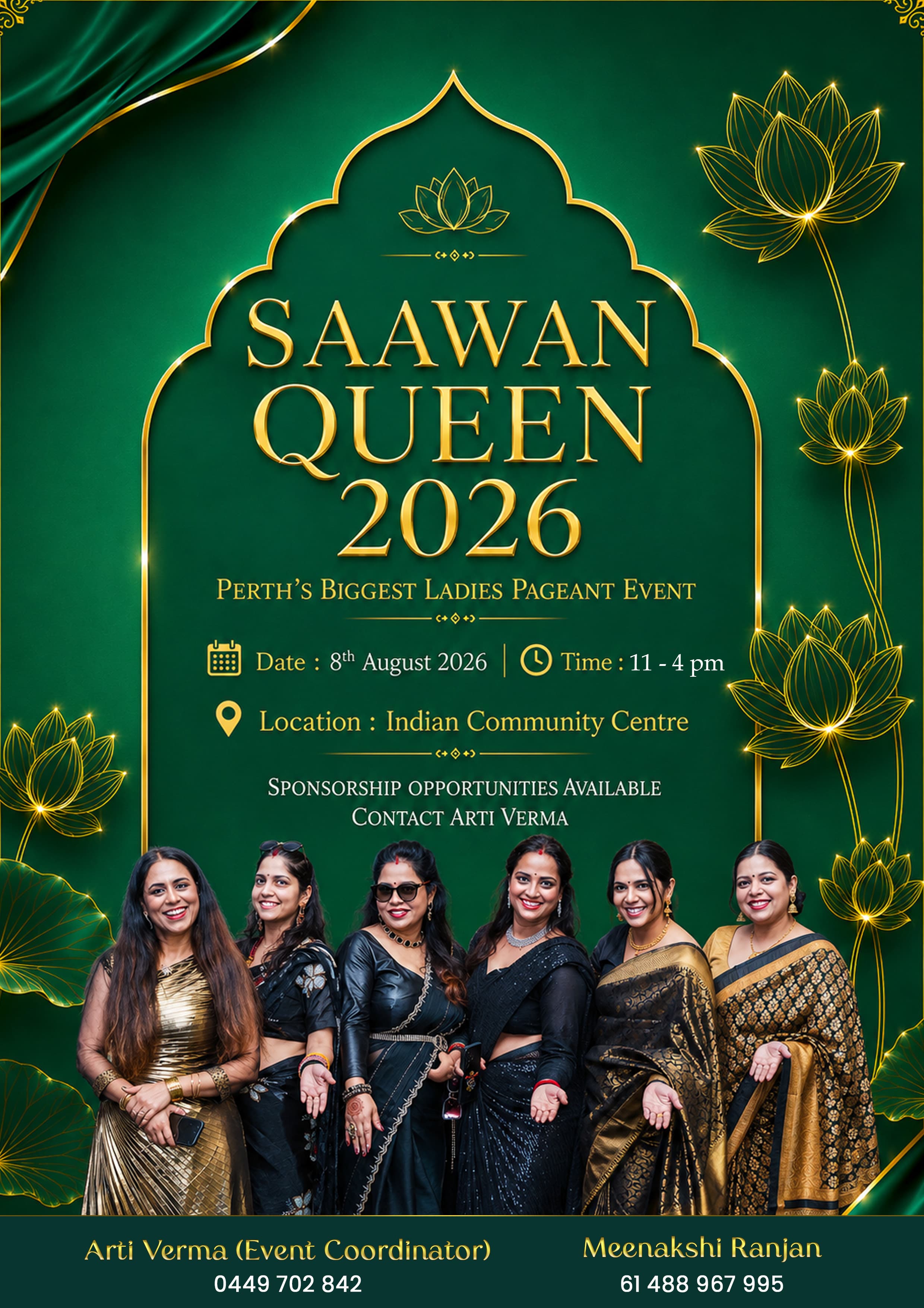 Saawan Queen 2026 official event flyer — Green & Gold theme, Saturday 8 August 2026, 11am–4pm, Indian Community Centre Perth